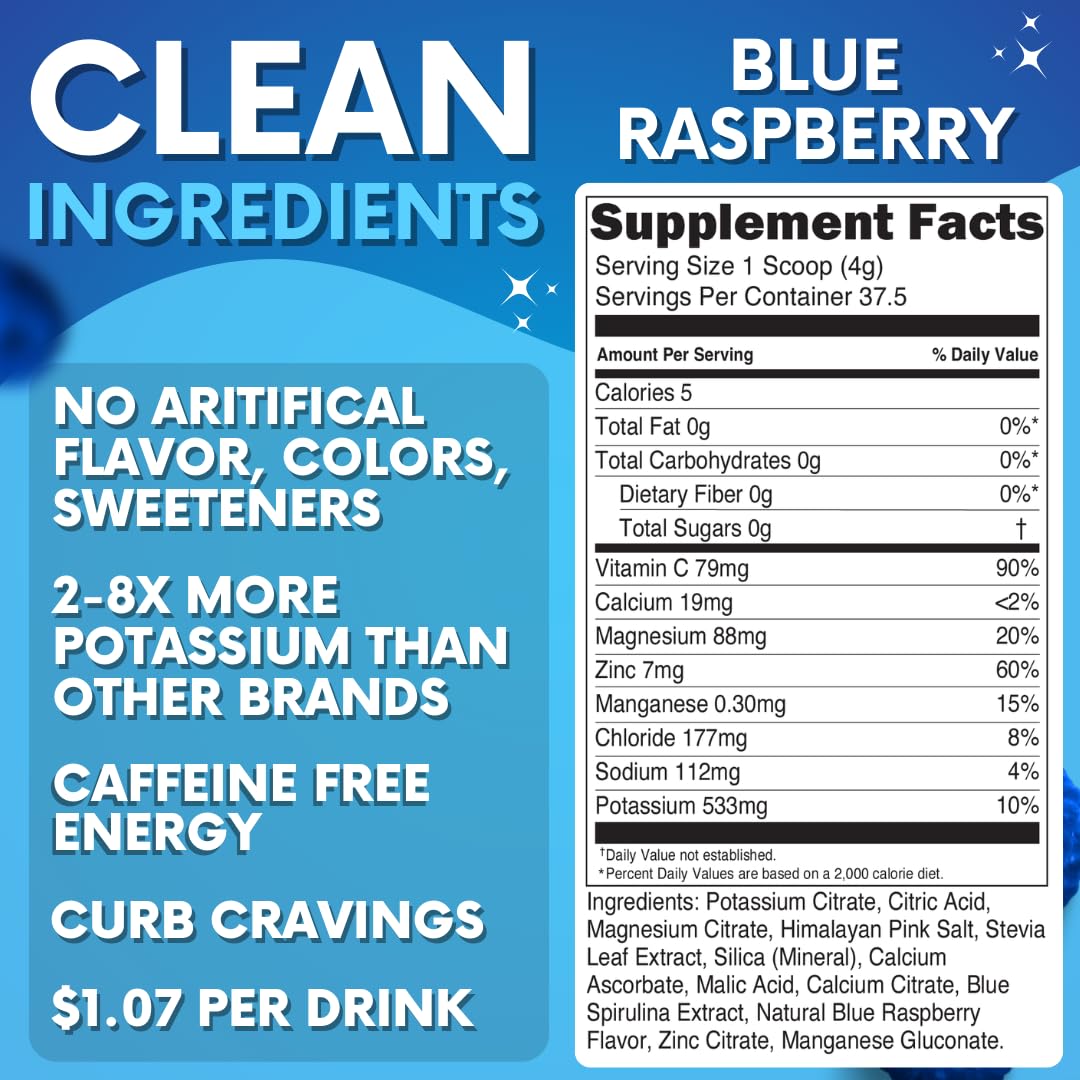 Zero Sugar - Blue Raspberry Electrolytes Powder - Refreshing Hydration - Caffeine Free Energy - All Natural Ingredients - Vegan, Keto and Paleo - Sugar Free Electrolyte Powder Drink Mix - 37 Servings - Maple Wellness Supplements