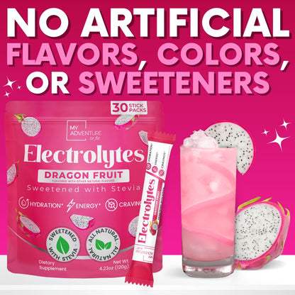 Zero Sugar Dragon Fruit Electrolytes Sticks - Refreshing Hydration - Caffeine Free Energy with Natural Ingredients - Vegan, Keto & Paleo - Maple Wellness Supplements