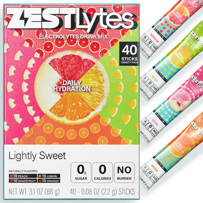 ZestLytes 40 Sticks Low Sodium Sugar Free & 0 Calorie Electrolyte Hydration Packets, Lightly Sweet Electrolyte Powder Drink Mix, Liquid Daily IV Flavors | Lemon Orange Peach Grapefruit - Maple Wellness Supplements