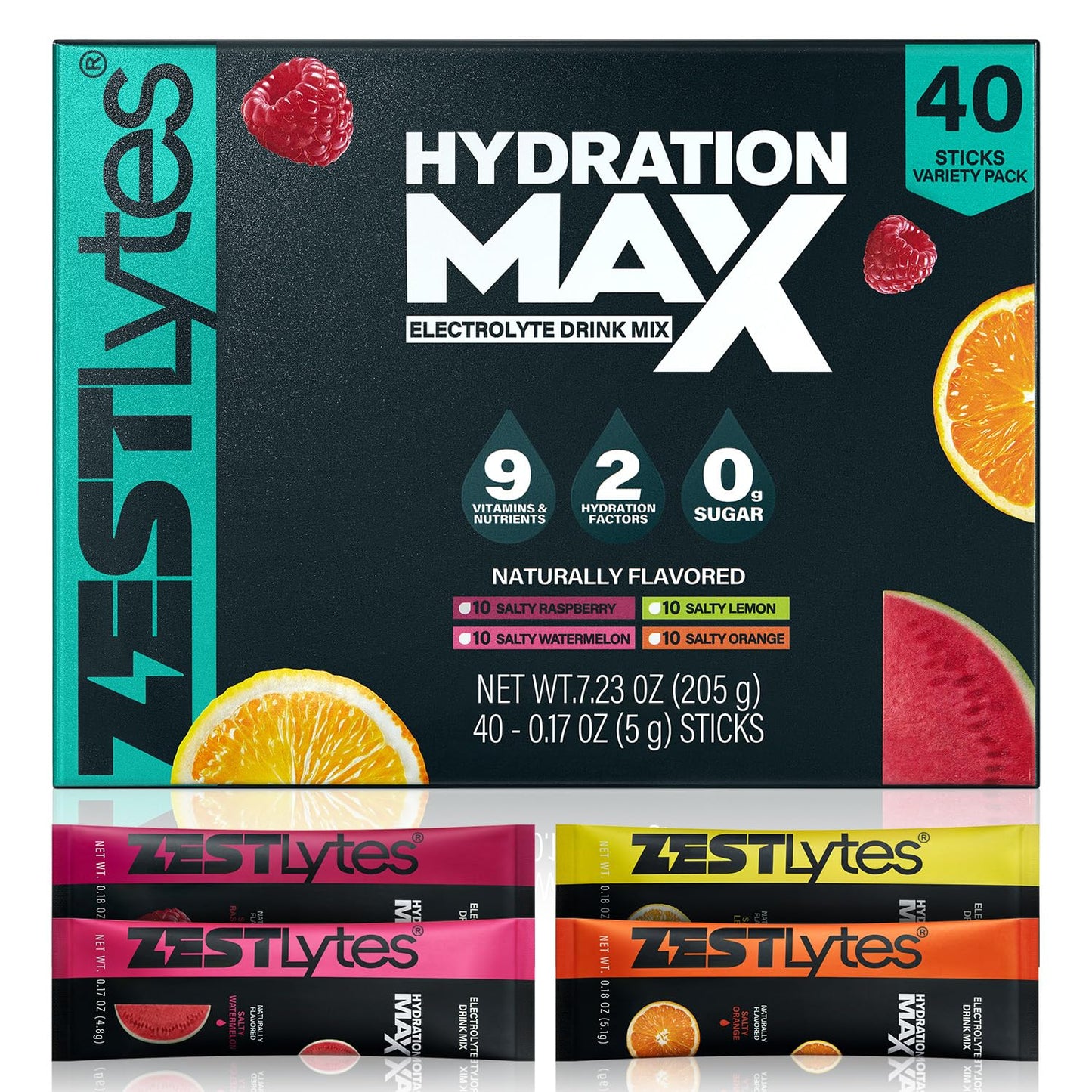 ZestLytes 40 Sticks Sport Hydration Sugar Free Electrolyte Packets, High Sodium Low Calorie Electrolyte Powder Drink Mix, Liquid Daily IV Flavors - Maple Wellness Supplements