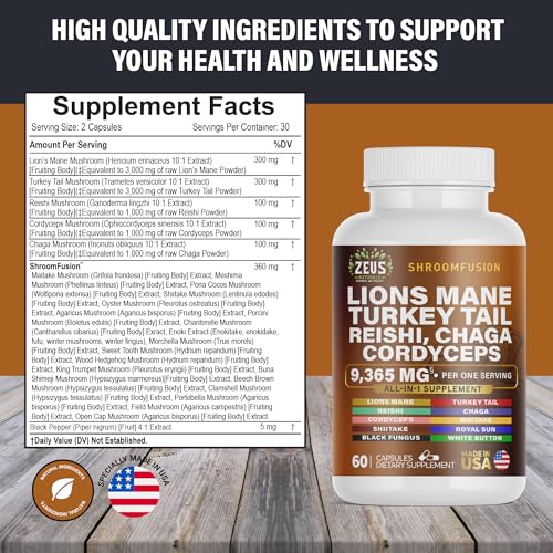 Zeus Naturals Lions Mane Capsules, Mushroom Supplement with Turkey Tail, Cordyceps - Maple Wellness Supplements