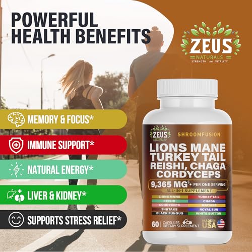 Zeus Naturals Lions Mane Capsules, Mushroom Supplement with Turkey Tail, Cordyceps - Maple Wellness Supplements