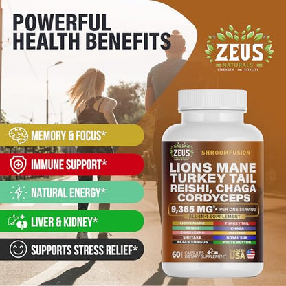 Zeus Naturals Lions Mane Capsules, Mushroom Supplement with Turkey Tail, Cordyceps - Maple Wellness Supplements