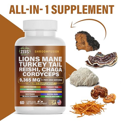 Zeus Naturals Lions Mane Capsules, Mushroom Supplement with Turkey Tail, Cordyceps - Maple Wellness Supplements