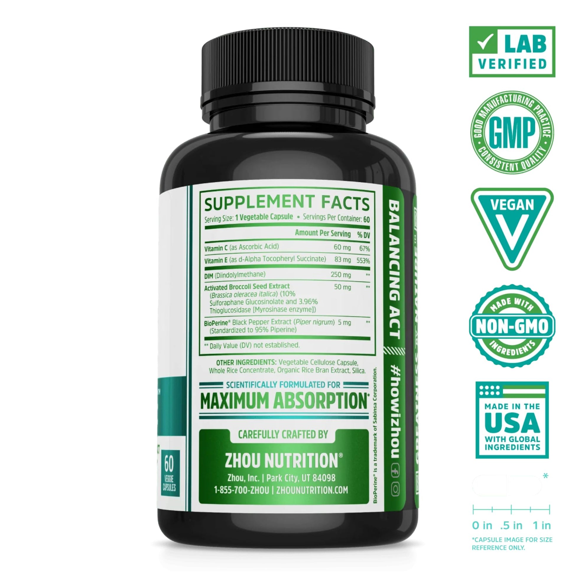 Zhou DIM Active - DIM Supplement, Hormone Balance for Women & Men, Hormonal Support with 250mg Diindolylmethane - 60 Vegan Capsules - Maple Wellness Supplements