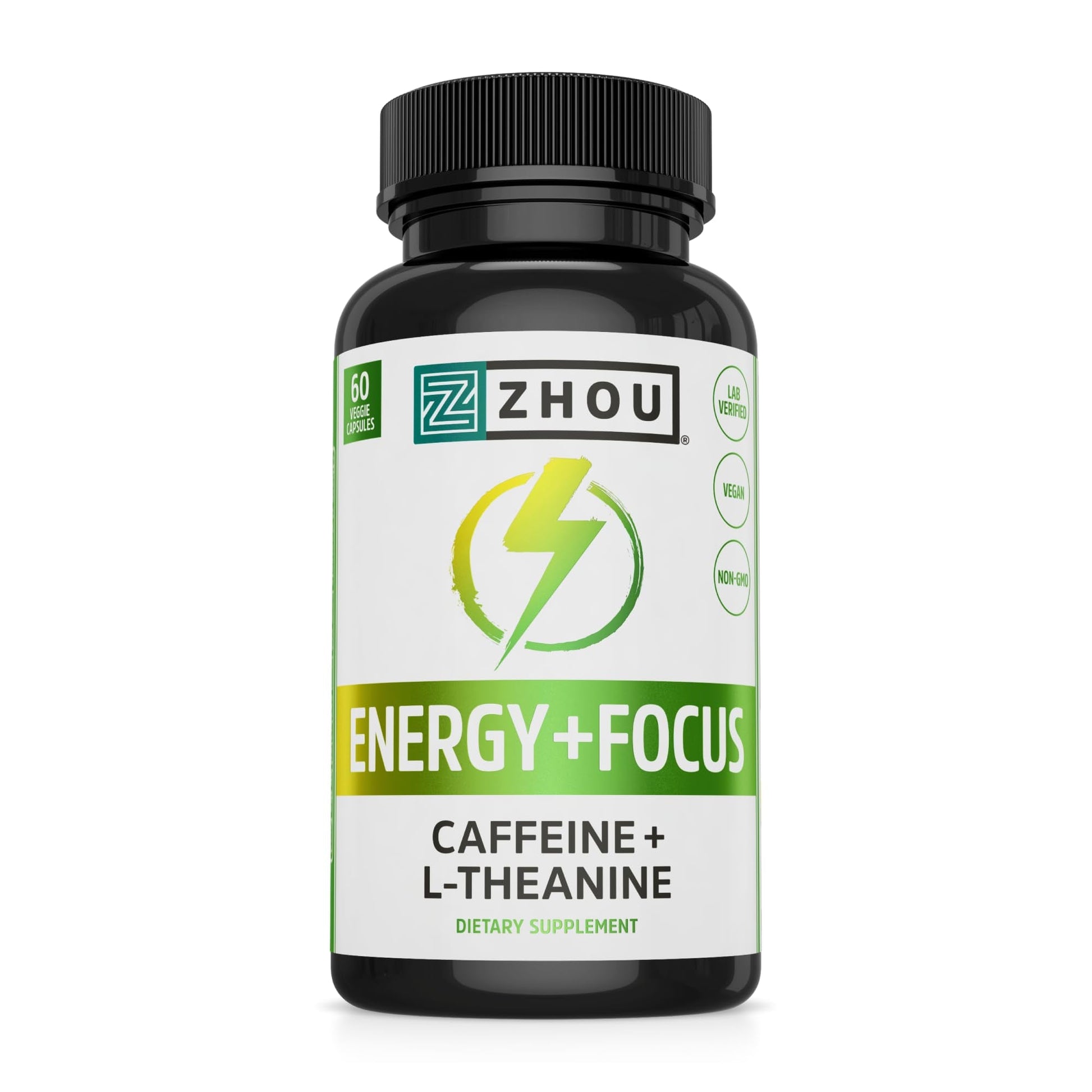 Zhou Energy + Focus - L Theanine Caffeine Pills, 200mg L-Theanine, 100mg Natural Anhydrous Caffeine Boost for Adults, Men & Women, Slow Extended Release - 60 Vegetarian Capsules (Pack of 1) - Maple Wellness Supplements