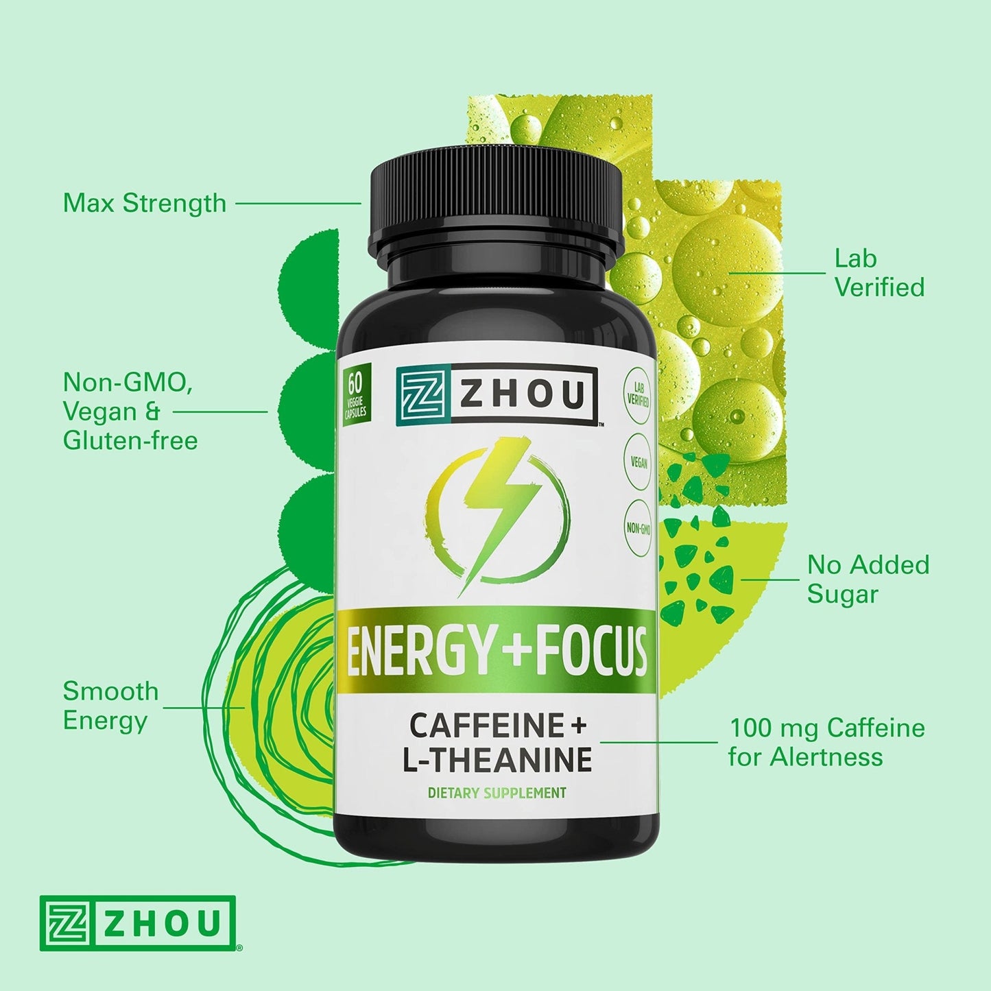 Zhou Energy + Focus - L Theanine Caffeine Pills, 200mg L-Theanine, 100mg Natural Anhydrous Caffeine Boost for Adults, Men & Women, Slow Extended Release - 60 Vegetarian Capsules (Pack of 1) - Maple Wellness Supplements