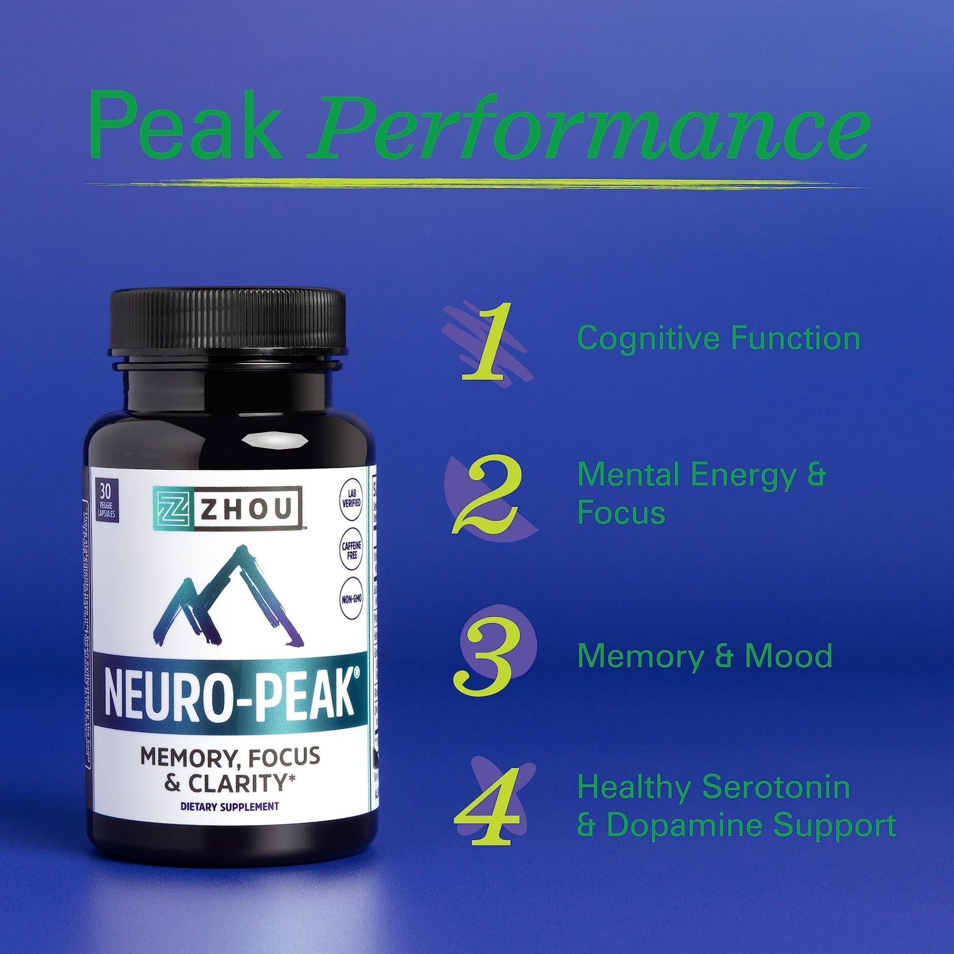 Zhou Neuro-Peak - Brain Supplements for Memory and Focus, Nootropic for Men & Women, Brain Support Pill for Adults, Brain Vitamins - 30 Veggie Capsules (Pack of 1) - Maple Wellness Supplements