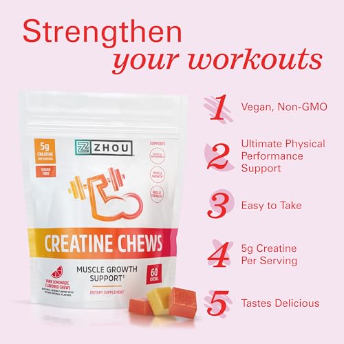 Zhou Nutrition Creatine Monohydrate Chewables 5g for Men & Women, Sugar Free - Maple Wellness Supplements