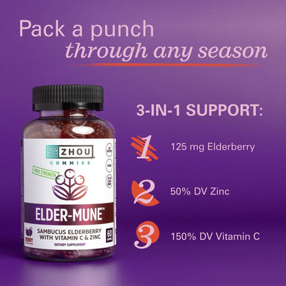 Zhou Nutrition Elder-Mune Sambucus Elderberry Gummies with Zinc and Vitamin C - Maple Wellness Supplements