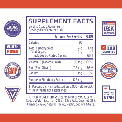 Zhou Nutrition Elder-Mune Sambucus Elderberry Gummies with Zinc and Vitamin C & vH - Maple Wellness Supplements