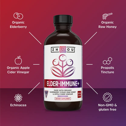 Zhou Nutrition Elderberry Syrup, Immune System Booster with Organic Elderberry Syrup - Maple Wellness Supplements