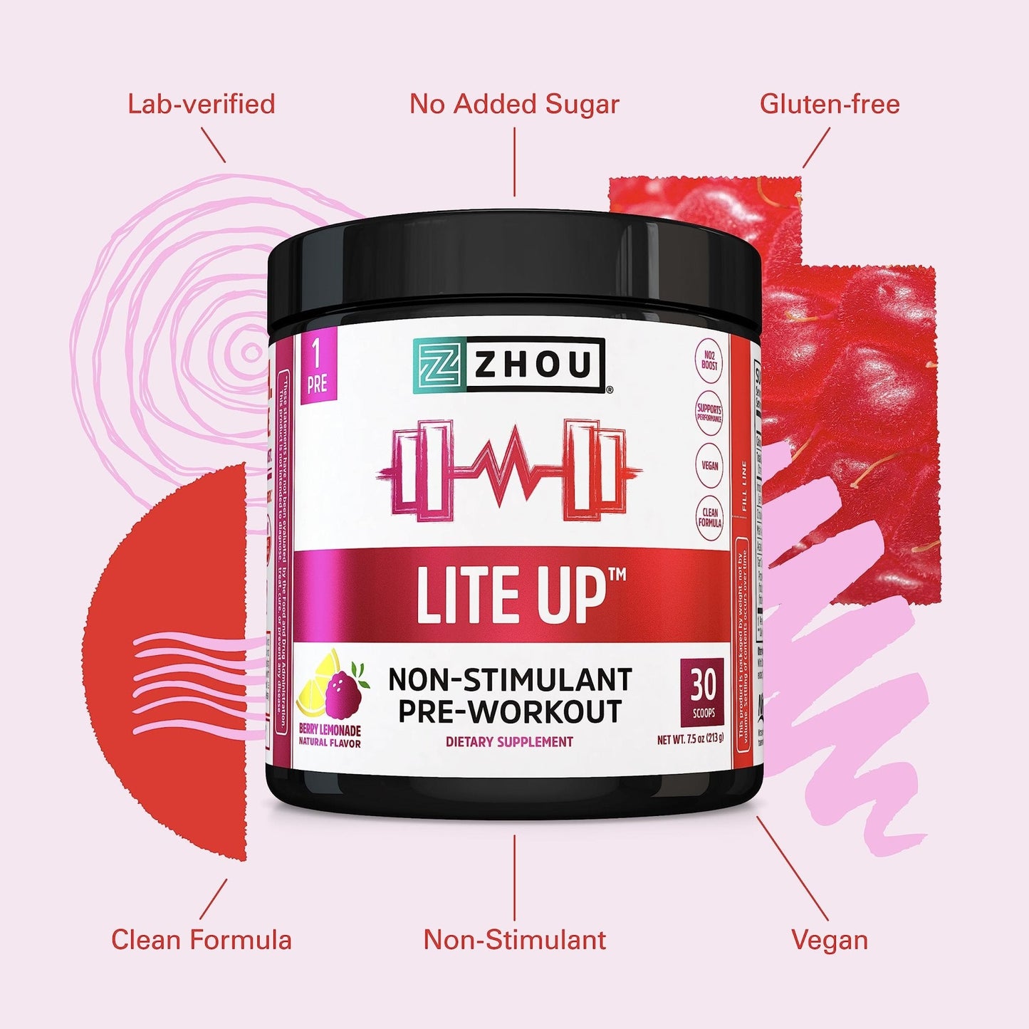 Zhou Nutrition Lite Up, Non-Stimulant Pre Workout Powder, Caffeine Free Nitric Oxide - Maple Wellness Supplements