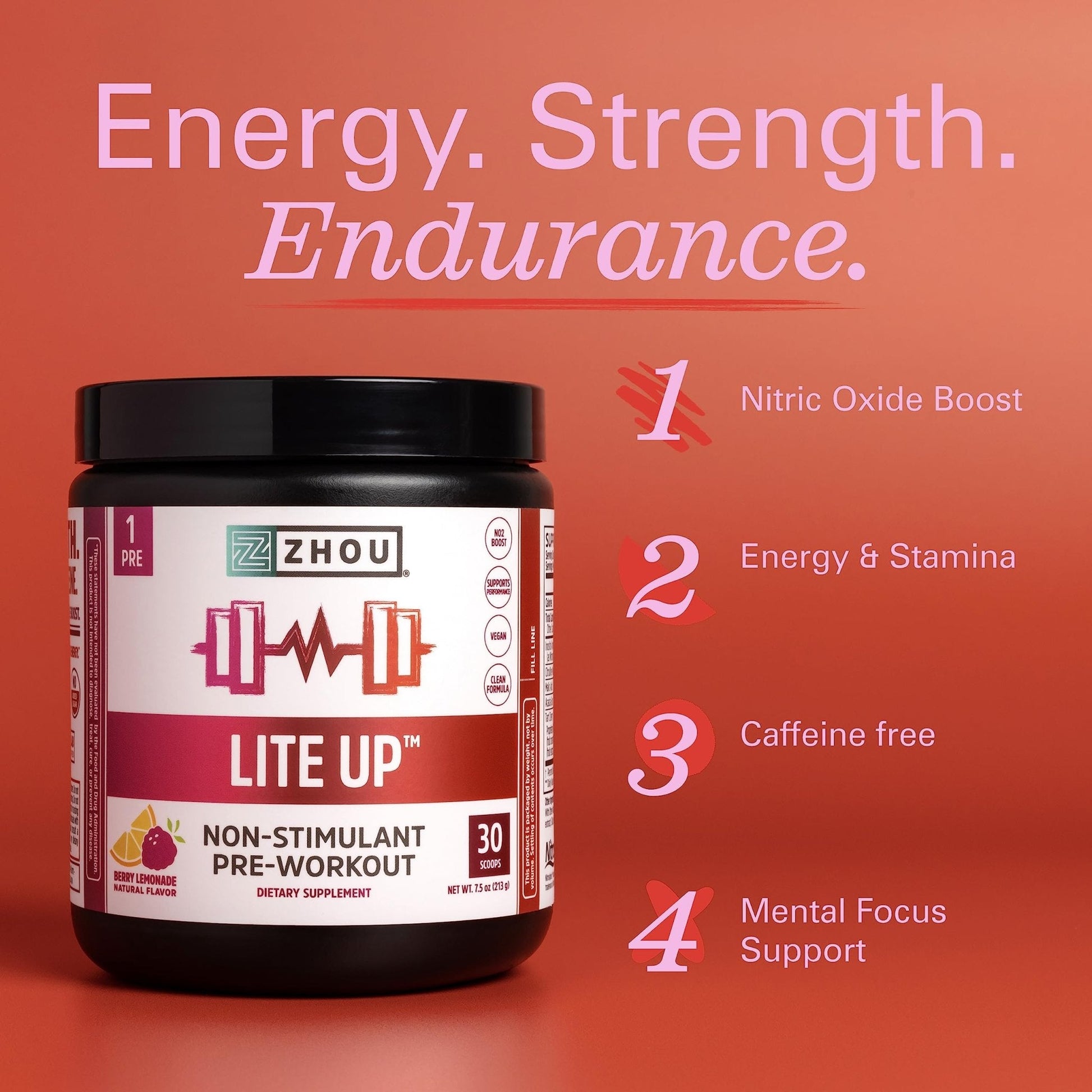 Zhou Nutrition Lite Up, Non-Stimulant Pre Workout Powder, Caffeine Free Nitric Oxide - Maple Wellness Supplements