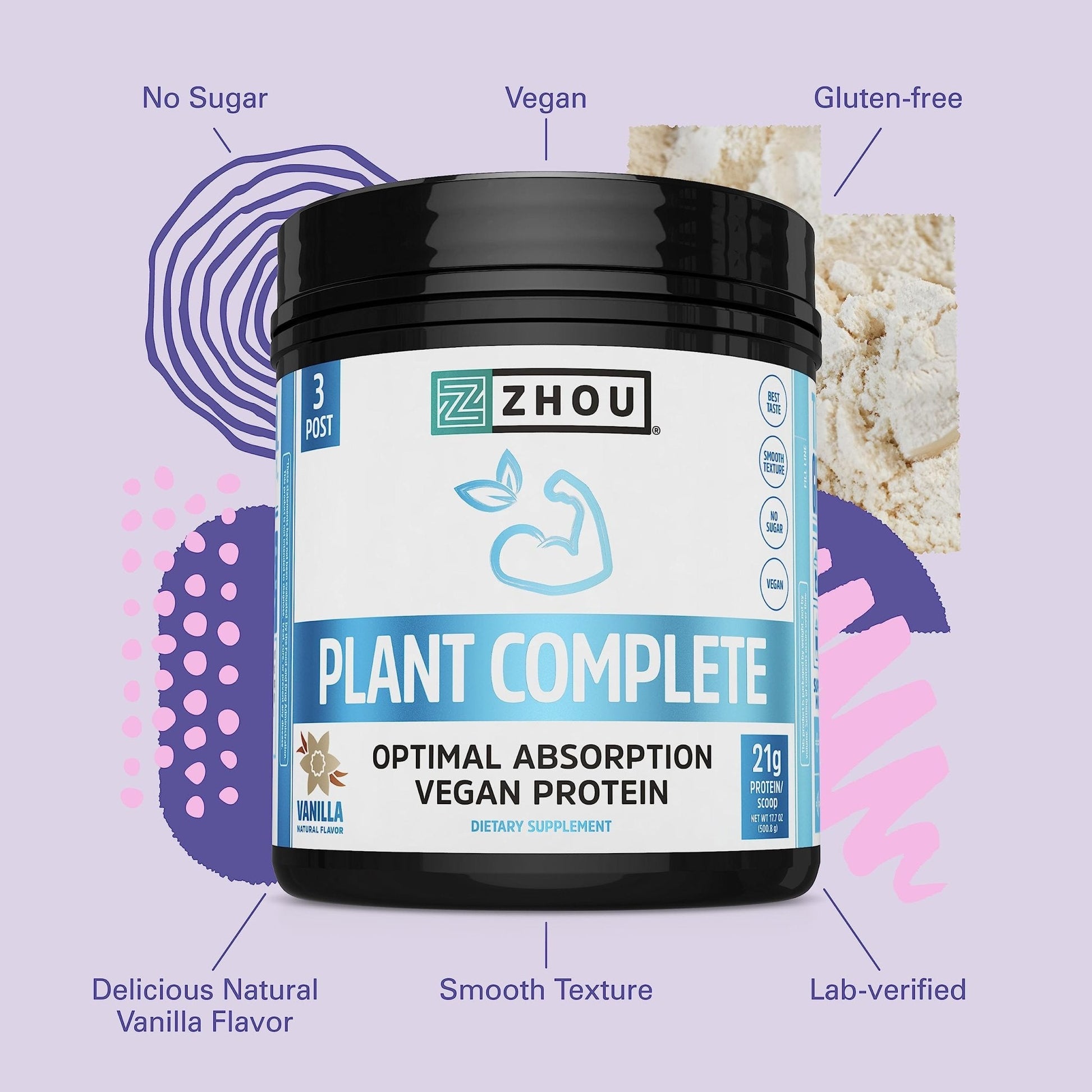 Zhou Nutrition Plant Based Vegan Protein Powder, Best Absorption Digest Score, Complete - Maple Wellness Supplements
