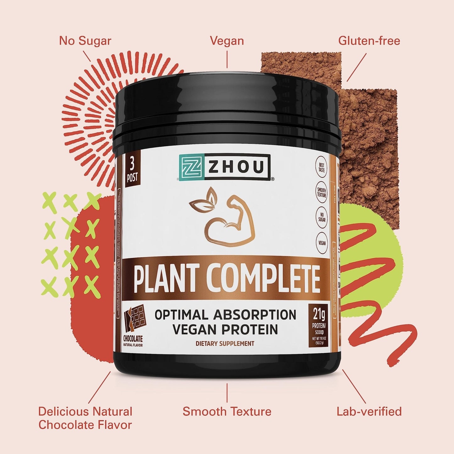Zhou Nutrition Plant Based Vegan Protein Powder, Best Absorption Digest Score, Complete - Maple Wellness Supplements