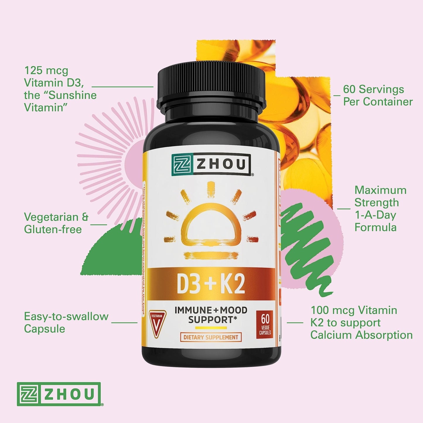 Zhou Nutrition Vitamin D3 K2, Bone and Heart Health Formula 5000 IU Vitamin D3 & 90 mcg - Maple Wellness Supplements