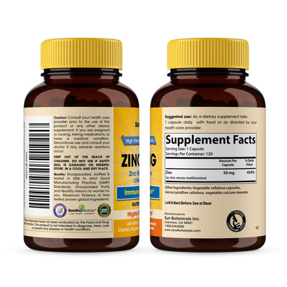 Zinc 50mg Capsules for Men and Women, 120 Count | Highly Absorbable Zinc Supplements for Immune System Support | Zink 50 mg Mono Methionine Chelated Complex - Maple Wellness Supplements