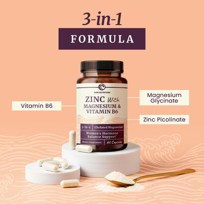 Zinc and Magnesium Supplement with Vitamin B6 | Women’s Hormone Balance, Menstrual Cycle & Immune Support | High Absorption Chelated Magnesium Glycinate with Zinc Picolinate and VIT B6 | 60 Ct - Maple Wellness Supplements