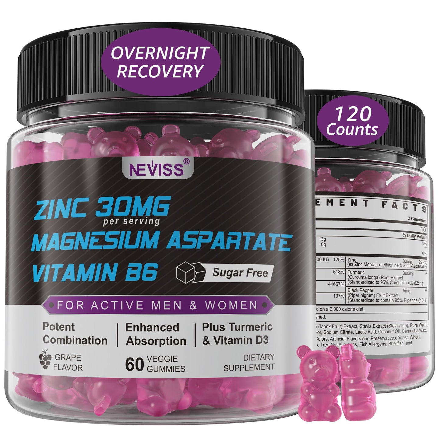 Zinc and Magnesium Supplement, Zinc Magnesium Aspartate Post Workout Gummies for Men Women, with Vitamin B6, B12, D3, Turmeric for Nighttime Recovery, Reduce Fatigue - Maple Wellness Supplements