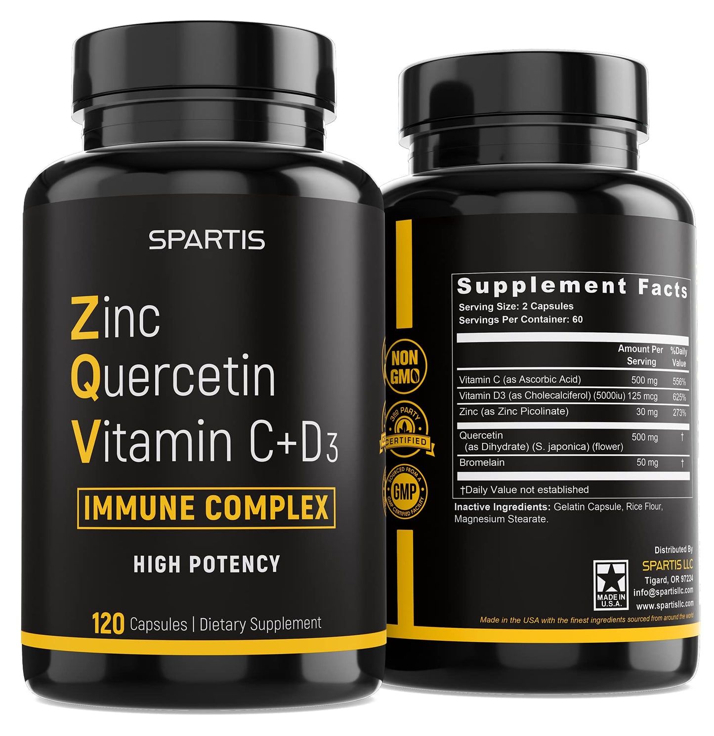 Zinc Quercetin 500mg with Vitamin C Vitamin D3 Bromelain Immune Support High Potency Quercetin Zinc Supplement ZQV by SPARTIS (Pack of 1 Bottle at 120-Caps) - Maple Wellness Supplements
