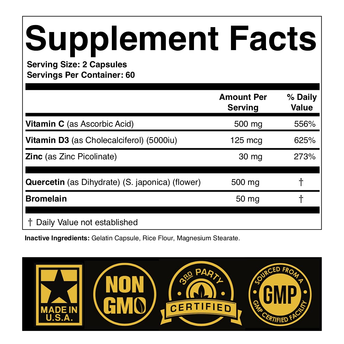 Zinc Quercetin 500mg with Vitamin C Vitamin D3 Bromelain Immune Support High Potency Quercetin Zinc Supplement ZQV by SPARTIS (Pack of 1 Bottle at 120-Caps) - Maple Wellness Supplements