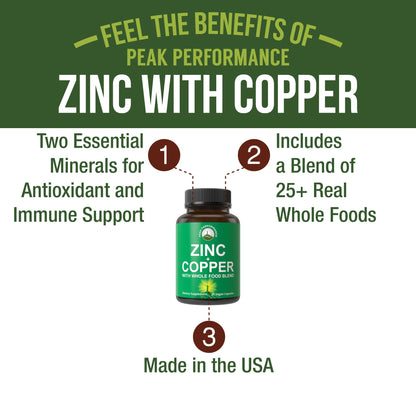 Zinc with Copper + Whole Food Blend of 25 Vegetables and Fruits for Max Absorption. Immune Support Supplement Capsules. Two Essential Minerals for Immunity. Zinc Vitamin Pills for Men and Women. - Maple Wellness Supplements
