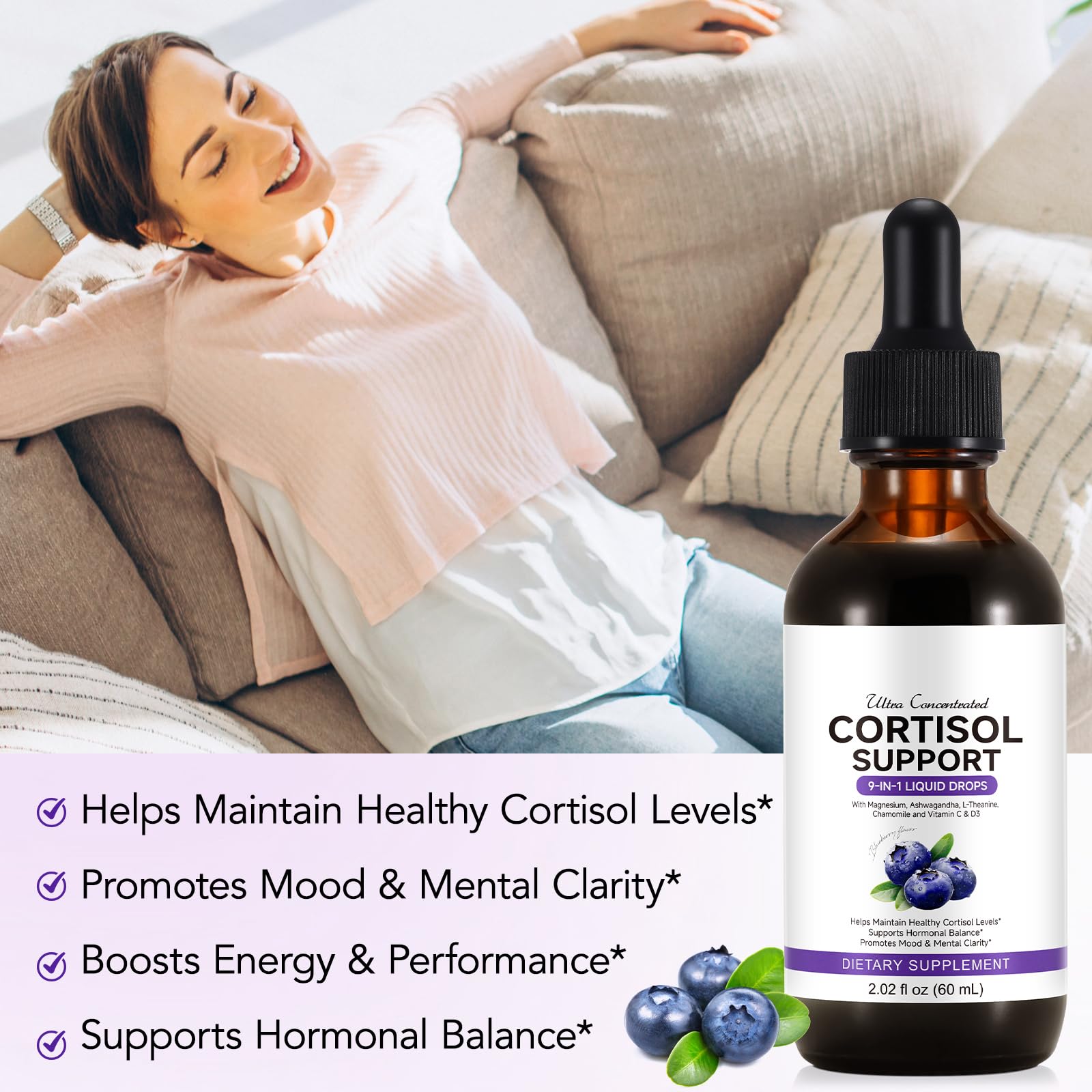 ZIXBMHYJ Cortisol Supplement for Women, Cortisol Support Liquid Drops with Ashwagandha, Magnesium & L-Theanine - Supports Stress Relief, Mood & Relaxation - 2.02 fl oz - Maple Wellness Supplements