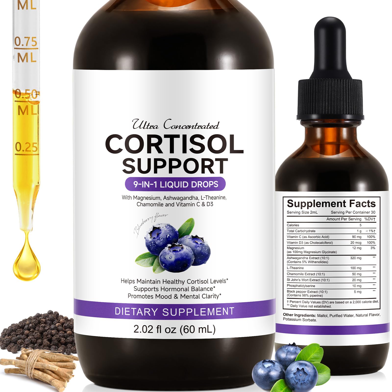 ZIXBMHYJ Cortisol Supplement for Women, Cortisol Support Liquid Drops with Ashwagandha, Magnesium & L-Theanine - Supports Stress Relief, Mood & Relaxation - 2.02 fl oz - Maple Wellness Supplements