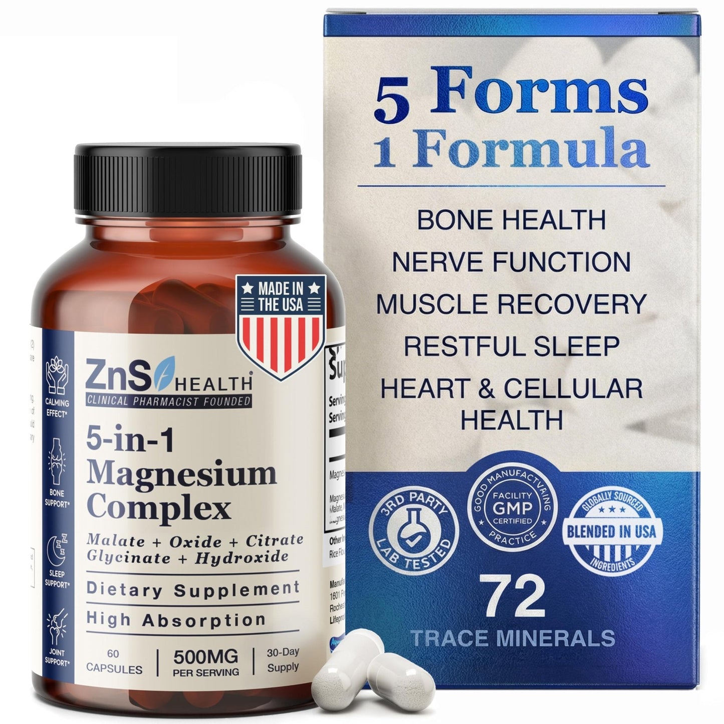 ZnS Health Spectrum 5 Magnesium Complex for Women & Men – 5 Magnesium Complex Supplement with Glycinate, Malate, Citrate & Hydroxide for Sleep, Muscle Recovery & Calm – 500mg Vegan – 60 Capsules - Maple Wellness Supplements