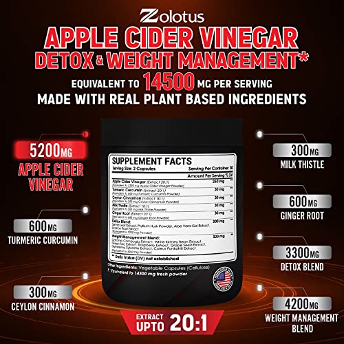 Zolotus 14x Strength Apple Cider Vinegar Capsules, Equivalent to 14500mg, with Turmeric - Maple Wellness Supplements
