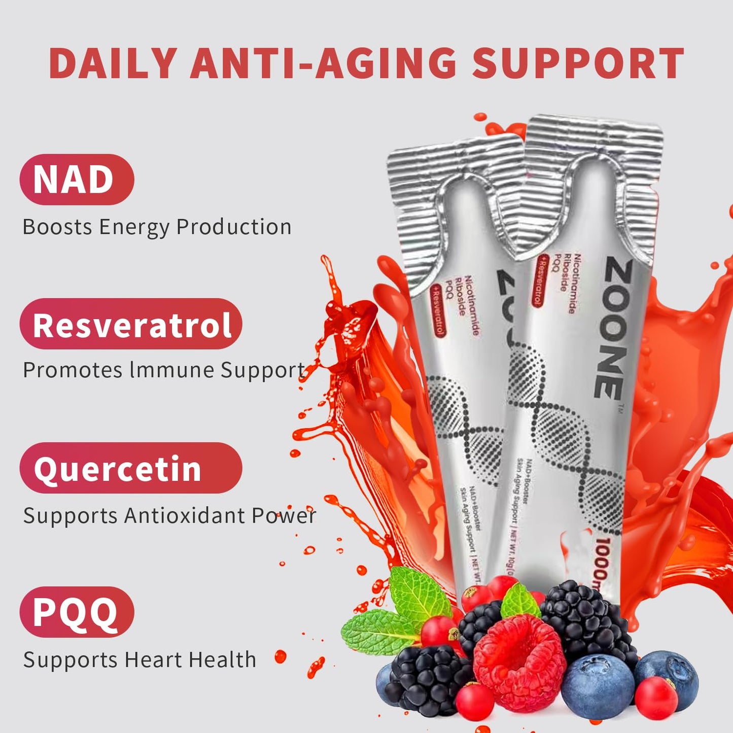 Zoone NAD Resveratrol Supplement, NAD+ Liquid Supplement 1000mg, with Nicotinamide Riboside, Resveratrol & PQQ, NAD Supplements for Men & Women, Healthy Aging & Boosts Cellular Energy – 30 Packs - Maple Wellness Supplements