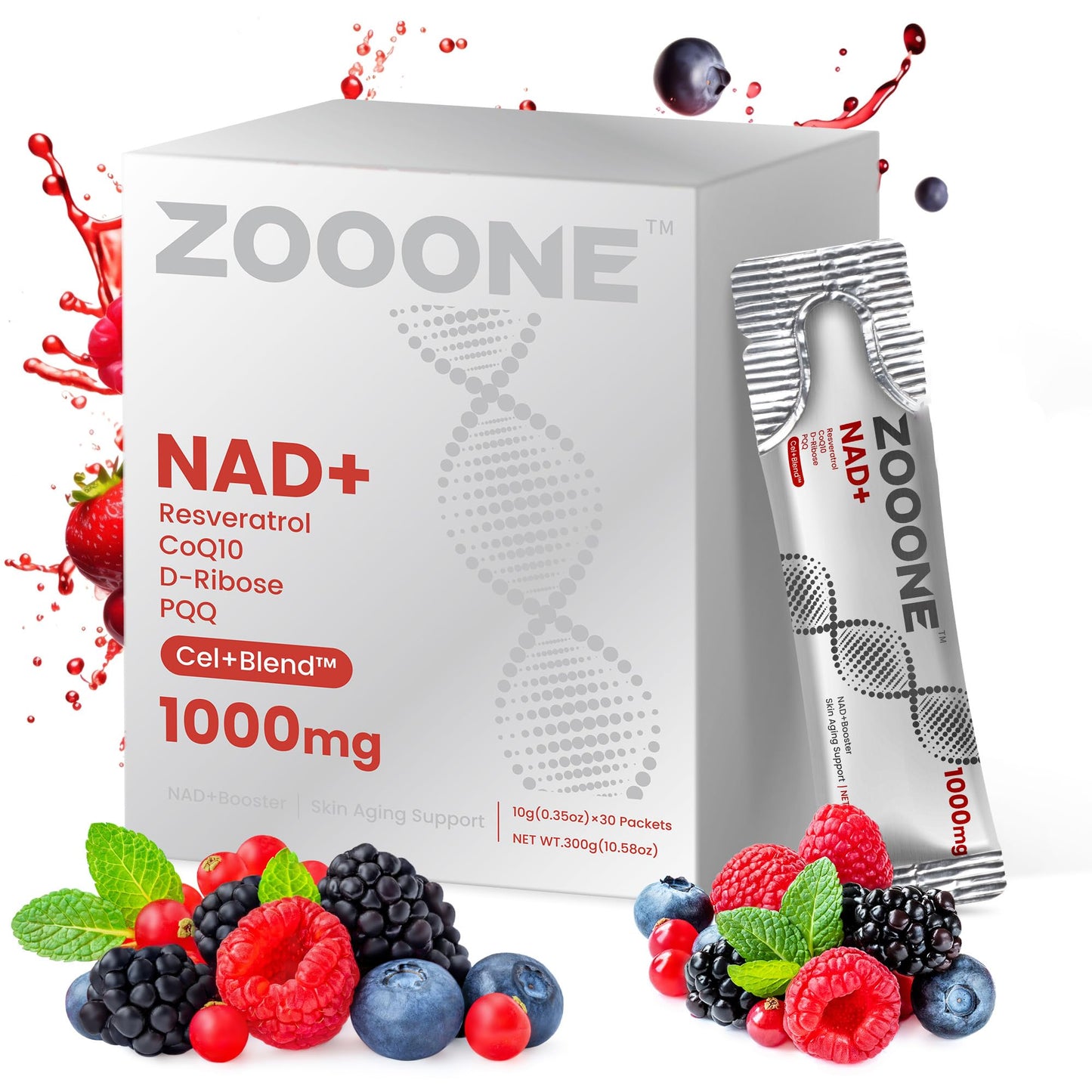 zooone NAD+ 1000mg Liquid Packets Supplement - Premium Nicotinamide Riboside & Resveratrol for Cellular Energy - Maple Wellness Supplements