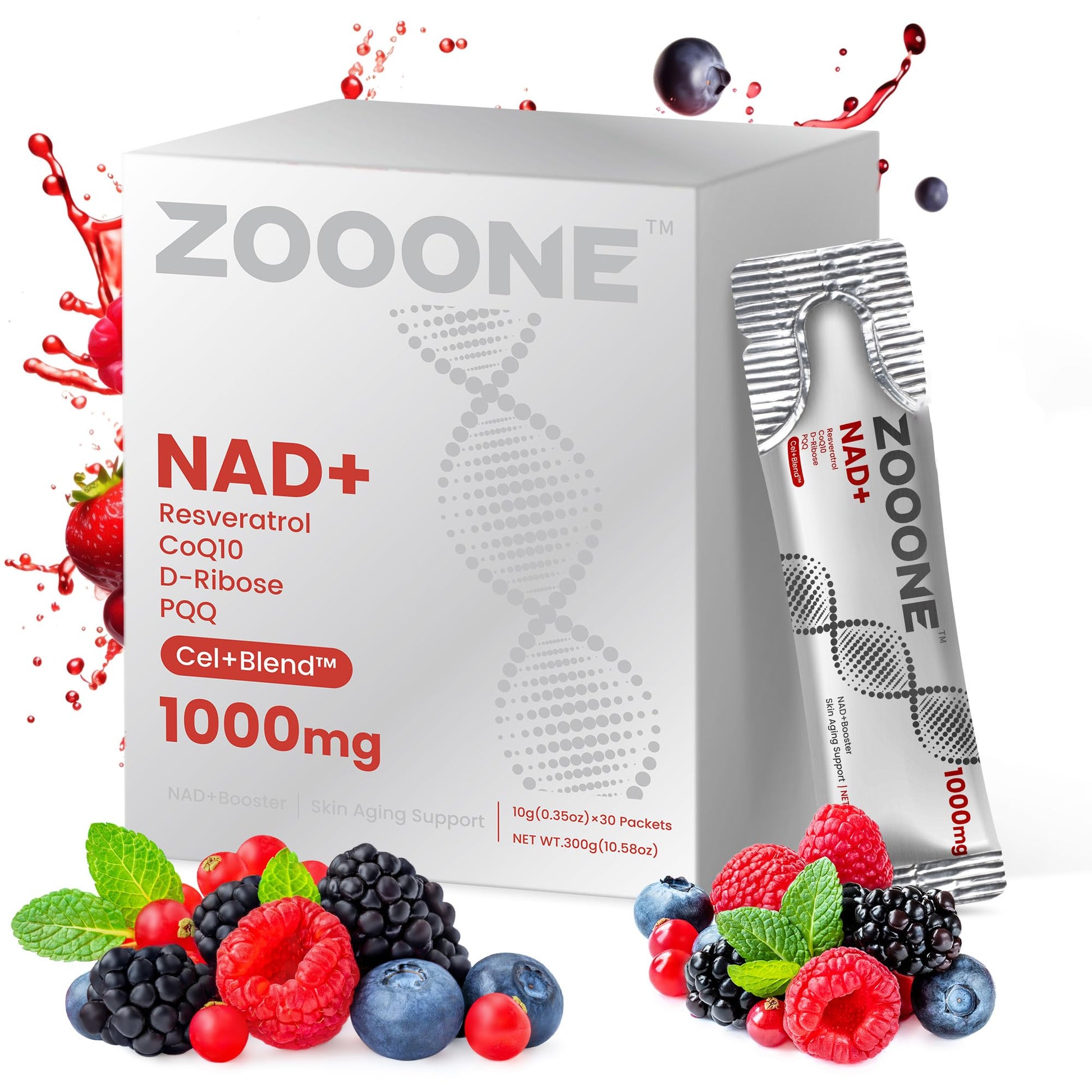 zooone NAD+ 1000mg Liquid Packets Supplement - Premium Nicotinamide Riboside & Resveratrol for Cellular Energy - Maple Wellness Supplements