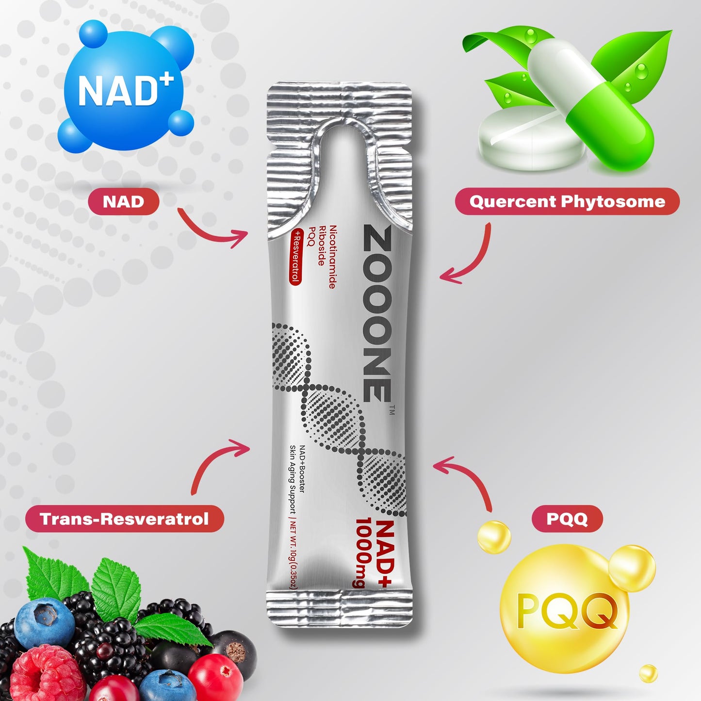 zooone NAD+ 1000mg Liquid Packets Supplement - Premium Nicotinamide Riboside & Resveratrol for Cellular Energy - Maple Wellness Supplements