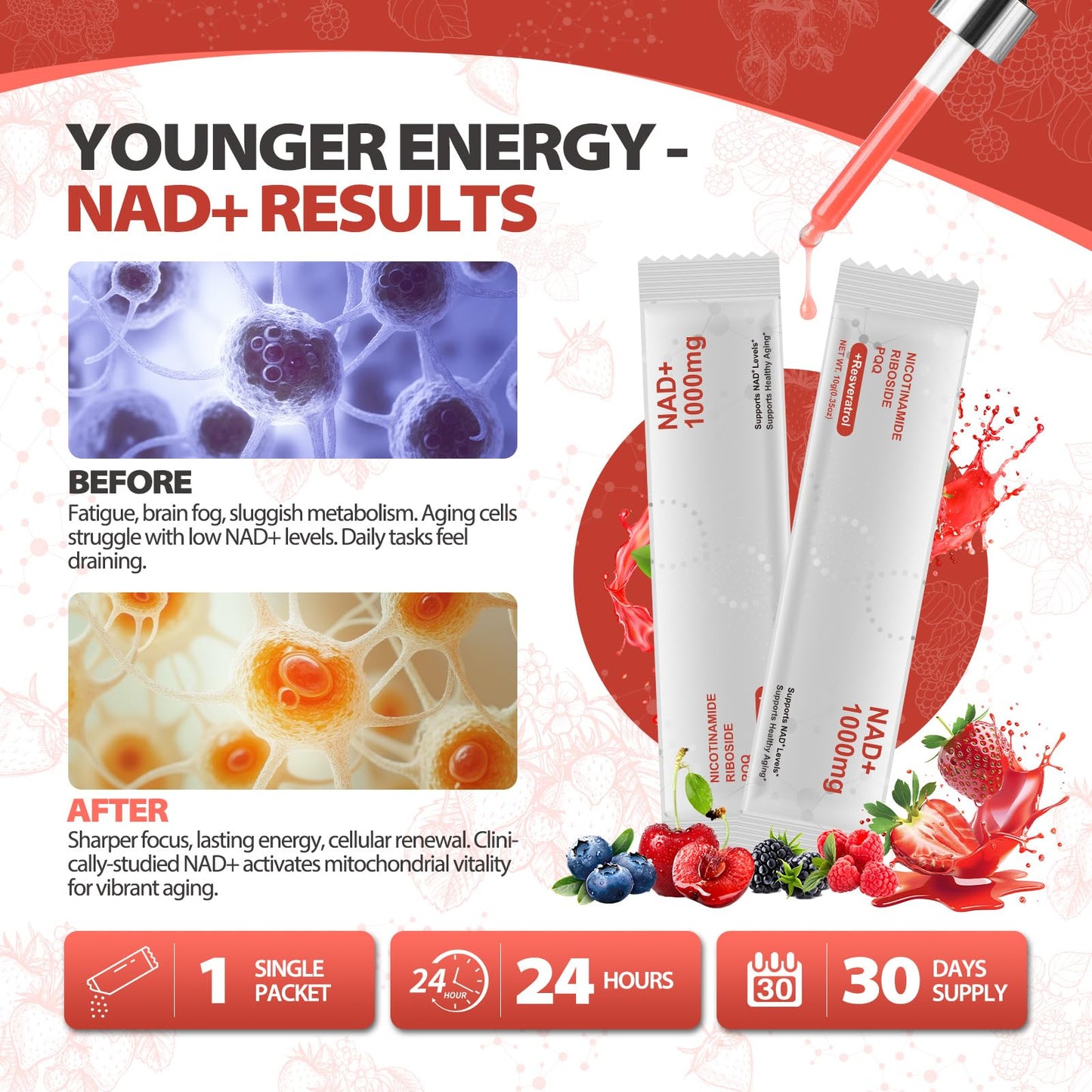 Zooone NAD+ Liquid Supplement 1000mg, Nicotinamide Riboside & Resveratrol, Extra Strength Berry Flavor Drink Mix for Energy, Focus & Anti-Aging -30 Pack - Maple Wellness Supplements