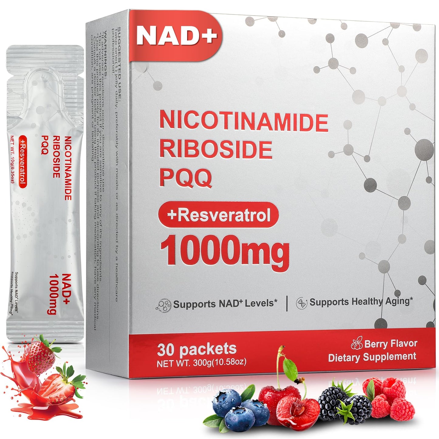 Zooone NAD+ Liquid Supplement 1000mg, Nicotinamide Riboside & Resveratrol, Extra Strength Berry Flavor Drink Mix for Energy, Focus & Anti-Aging -30 Pack - Maple Wellness Supplements