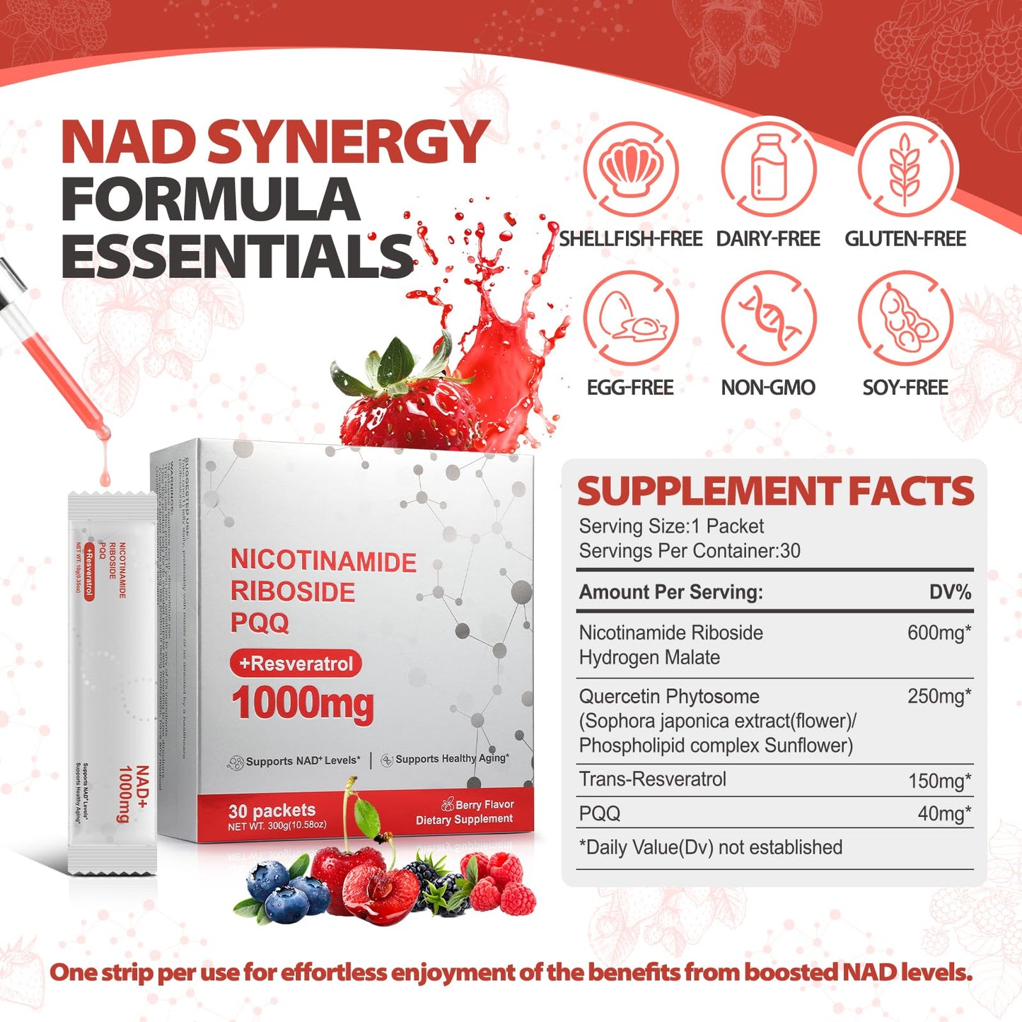 Zooone NAD+ Liquid Supplement 1000mg, Nicotinamide Riboside & Resveratrol, Extra Strength Berry Flavor Drink Mix for Energy, Focus & Anti-Aging -30 Pack - Maple Wellness Supplements