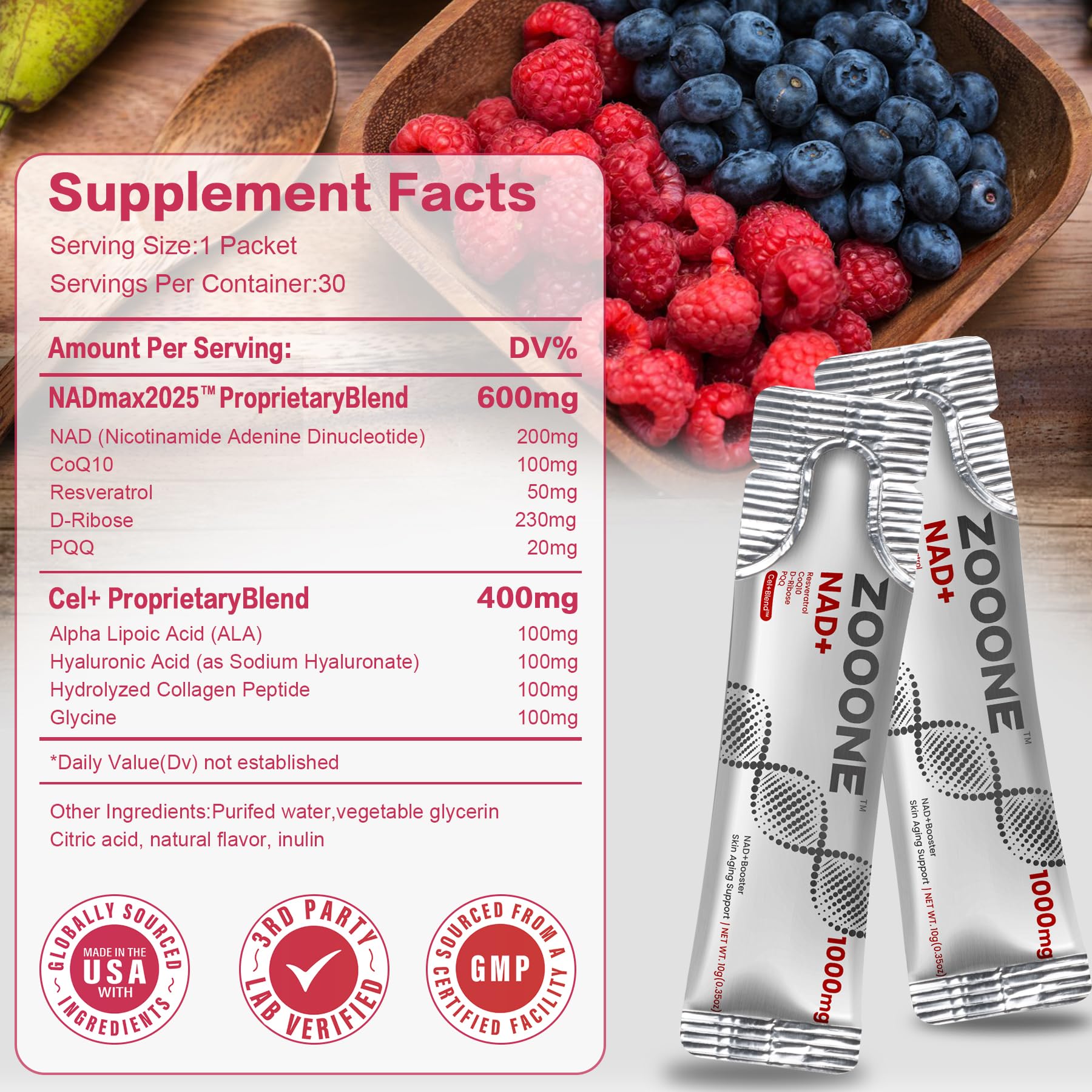 zooone NAD+ Supplement with Resveratrol, Liquid Designed to Help Support Absorption, 1000mg NMNH Supplement Alternative for Anti-Aging, Boost Energy, Support Cellular, 30 Pockets - Maple Wellness Supplements