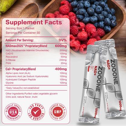 zooone NAD+ Supplement with Resveratrol, Liquid Designed to Help Support Absorption, 1000mg NMNH Supplement Alternative for Anti-Aging, Boost Energy, Support Cellular, 30 Pockets - Maple Wellness Supplements
