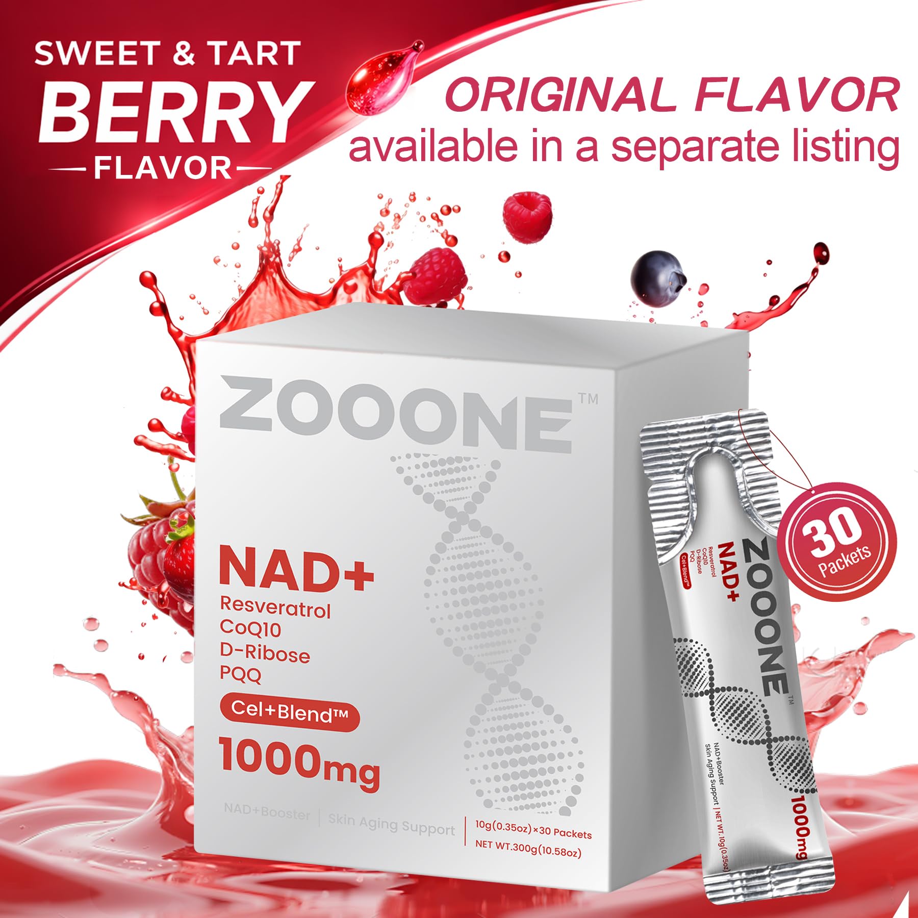 zooone NAD+ Supplement with Resveratrol, Liquid Designed to Help Support Absorption, 1000mg NMNH Supplement Alternative for Anti-Aging, Boost Energy, Support Cellular, 30 Pockets - Maple Wellness Supplements