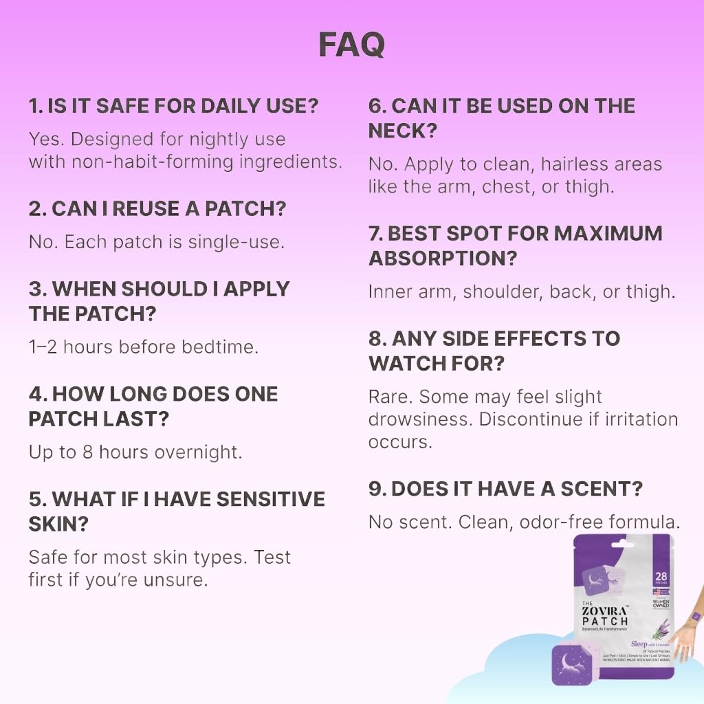 Zovira Sleep Patches for Adults, Melatonin Free with Lavender & Magnesium | Time-Release Transdermal, Aromatherapy Sleep Aid | Non-Habit Forming, Hypoallergenic, All-Night Restorative Sleep | 28 Count - Maple Wellness Supplements