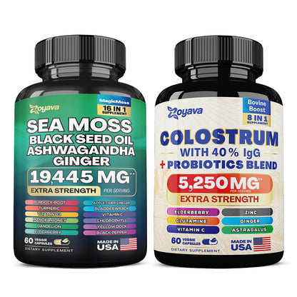 Zoyava Sea Moss 16-in-1 Blend 19,445 MG (60 Caps) and Colostrum 8-in-1 5,250 MG - Maple Wellness Supplements