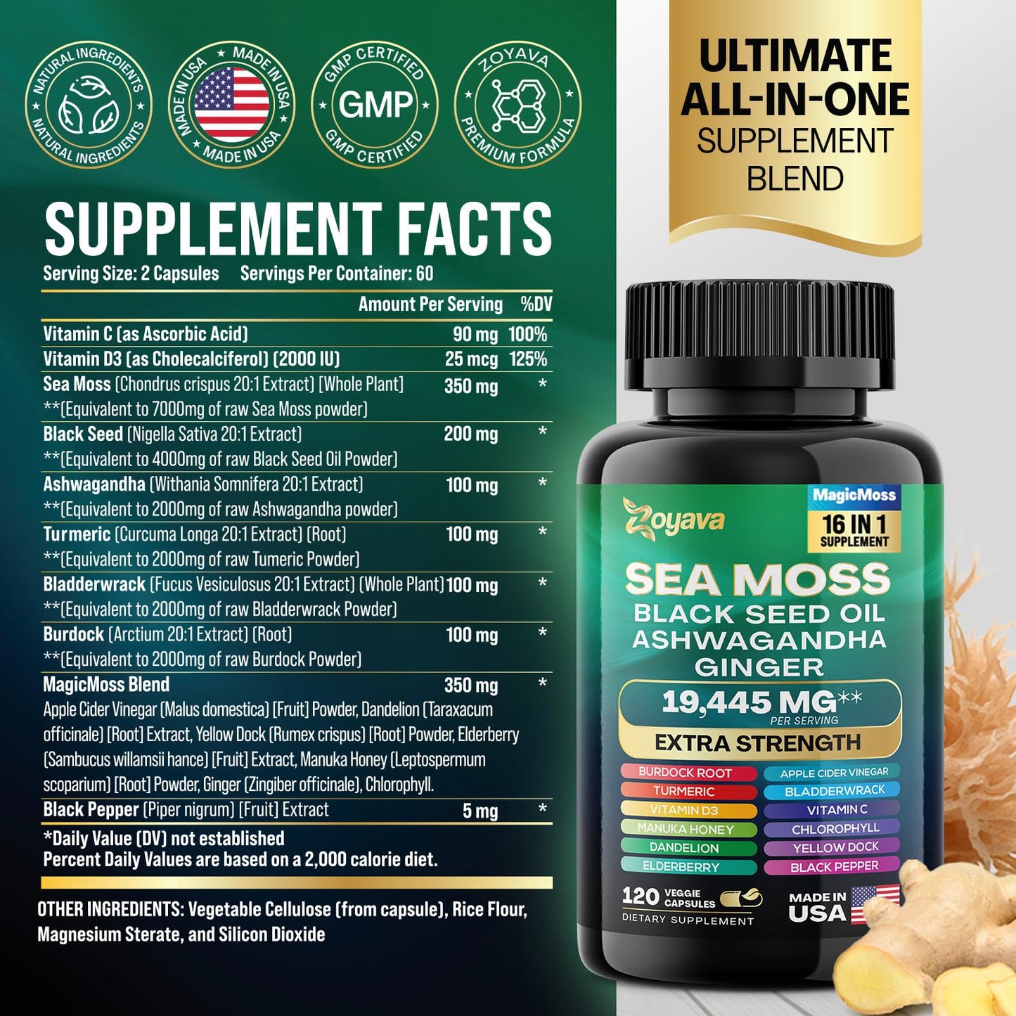 Zoyava Sea Moss 7000mg Black Seed Oil 4000mg Ashwagandha 2000mg Turmeric - Maple Wellness Supplements