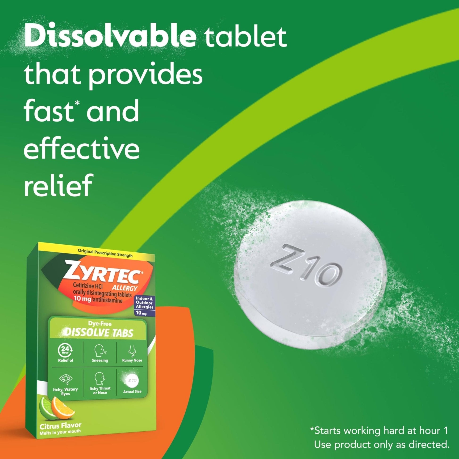 Zyrtec 24 Hour Dye-Free Allergy Relief Dissolve Tablets with 10 mg Cetirizine HCl, Citrus Flavored Antihistamine Allergy Medicine Helps Relieve Sneezing, Runny Nose, & Itchy Eyes, 24 ct - Maple Wellness Supplements