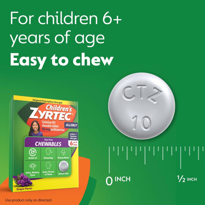 Zyrtec Children's Dye-Free Chewables for 24 Hour Allergy Relief, 10 mg Cetirizine Hydrochloride Antihistamine Tablets, Kids Allergy Medicine Relieves Sneezing & Itchy Throat, Grape, 48 ct - Maple Wellness Supplements