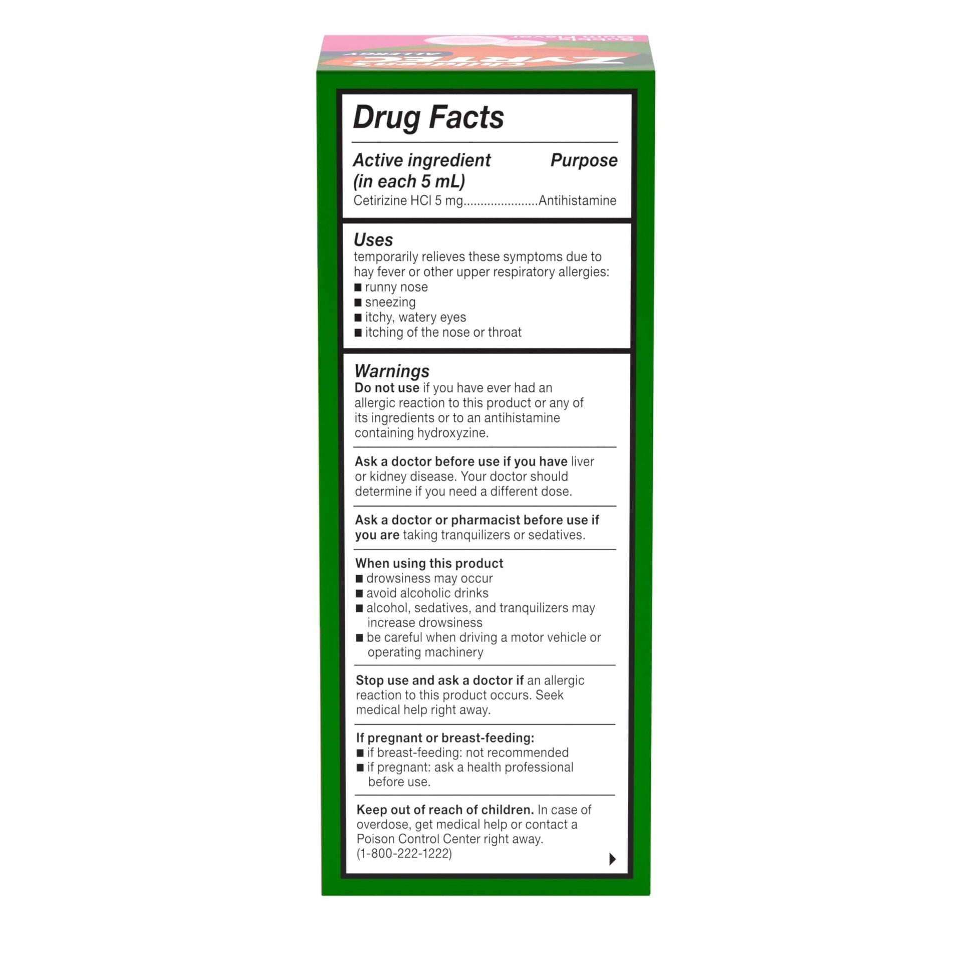 Zyrtec Children's Liquid, Kid's Antihistamine Syrup, Dye-, Sugar-, and Alcohol-Free, Pleasant Bubble Gum Flavor, Contains Cetirizine HCl Suitable for Ages 2 Years and Up, 4 fl oz Bottle - Maple Wellness Supplements