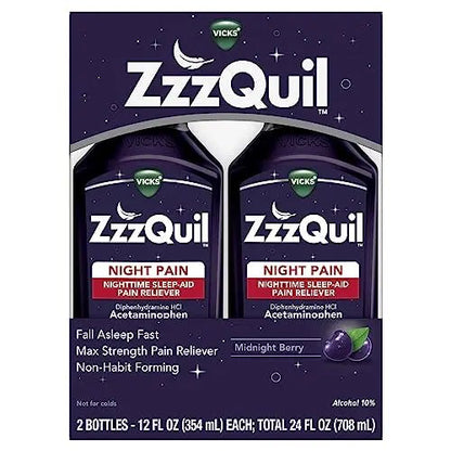 ZzzQuil Liquid, Max Strength Pain Reliever, Nighttime Sleep Aid Liquid, Acetaminophen 1000mg, Diphenhydramine 50mg HCI, Non-Habit Forming, Midnight Berry Flavored, 2 Pack, 24 FL OZ - Maple Wellness Supplements