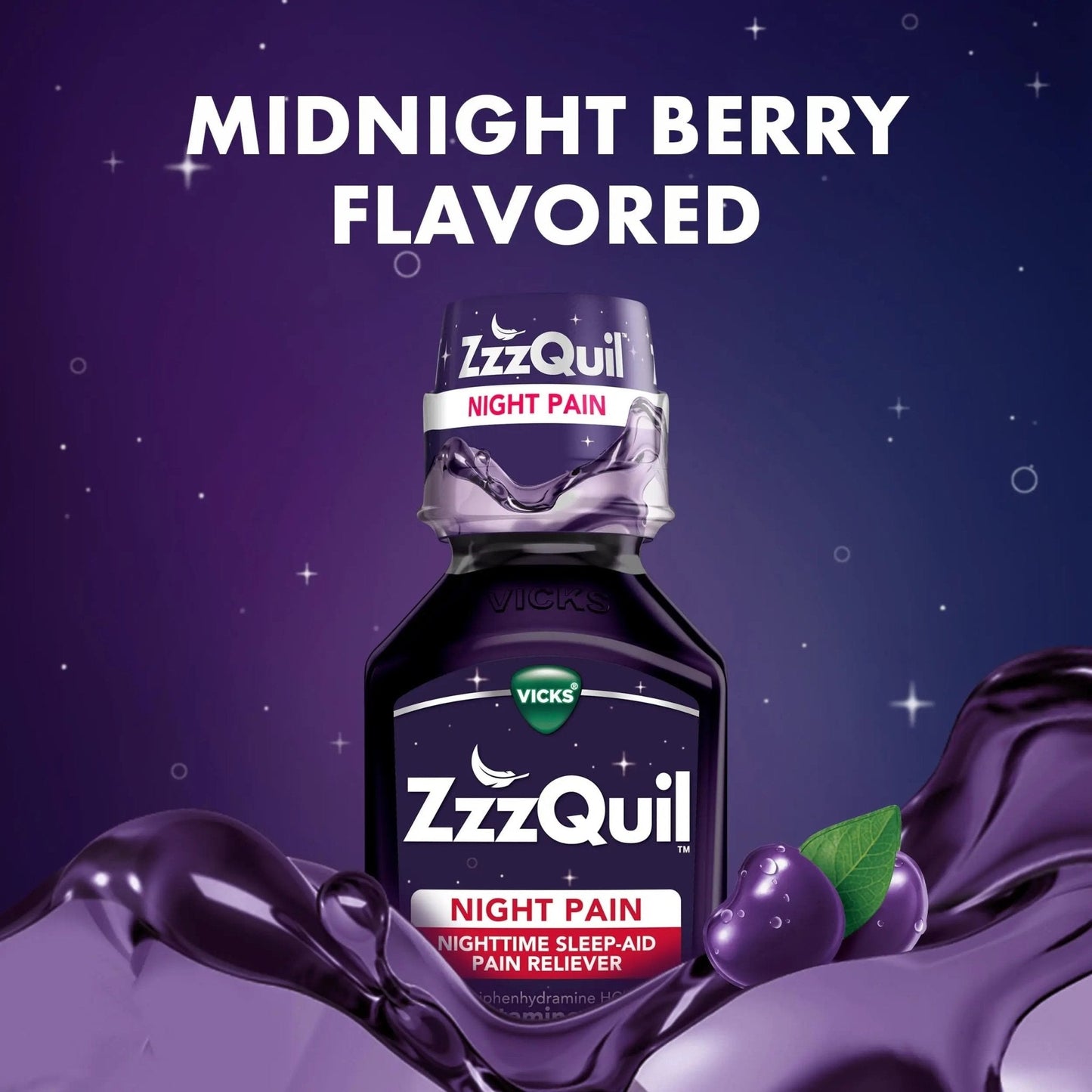 ZzzQuil Liquid, Max Strength Pain Reliever, Nighttime Sleep Aid Liquid, Acetaminophen 1000mg, Diphenhydramine 50mg HCI, Non-Habit Forming, Midnight Berry Flavored, 2 Pack, 24 FL OZ - Maple Wellness Supplements
