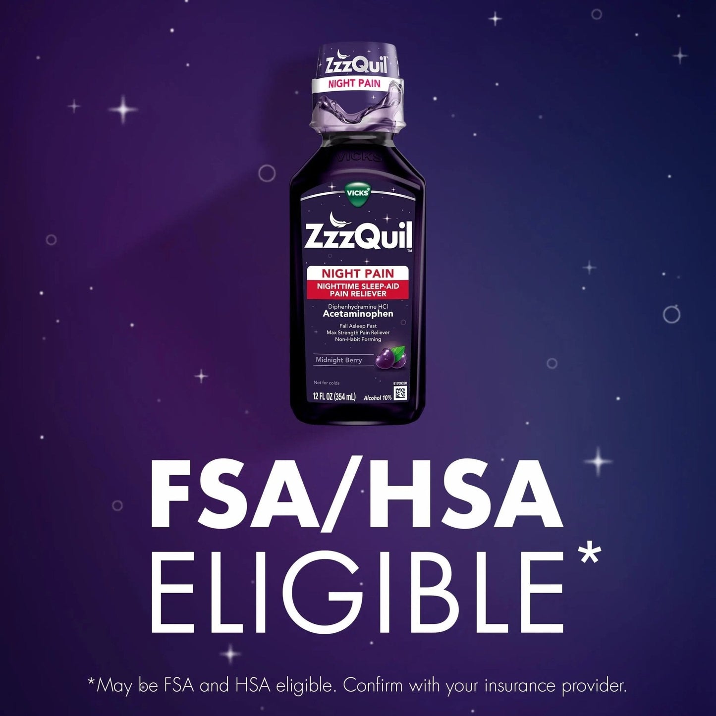 ZzzQuil Liquid, Max Strength Pain Reliever, Nighttime Sleep Aid Liquid, Acetaminophen 1000mg, Diphenhydramine 50mg HCI, Non-Habit Forming, Midnight Berry Flavored, 2 Pack, 24 FL OZ - Maple Wellness Supplements